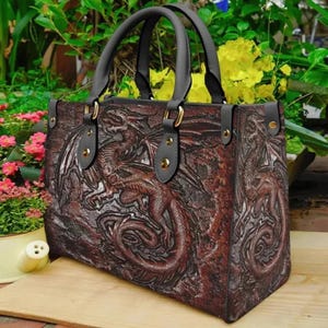 Hölzerne Drachen-Leder-Taschenhandtasche, die Handtasche des Drachen-Liebhabers, die Drachen-Frauen-Geldbeutel, die benutzerdefinierte Ledertasche, die personalisierte Tasche, die Geschenke des Drachen-Liebhabers