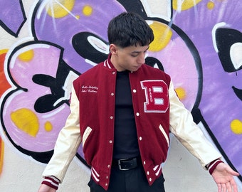 90s Letterman Leather Jacket: Vintage Campus Varsity Jacket, Men College Jacket Size M, Medium Wool Baseball Jacket, Leather Jacket Red