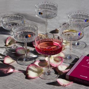 Op de afbeelding: Zes kristallen champagneglazen, sommige gevuld met vloeistof, zijn gerangschikt met rozenblaadjes en een boek. Eén glas bevat een rode vloeistof. Het boek heeft de titel "ERZÄHL MAL!" in witte tekst op een roze kaft.