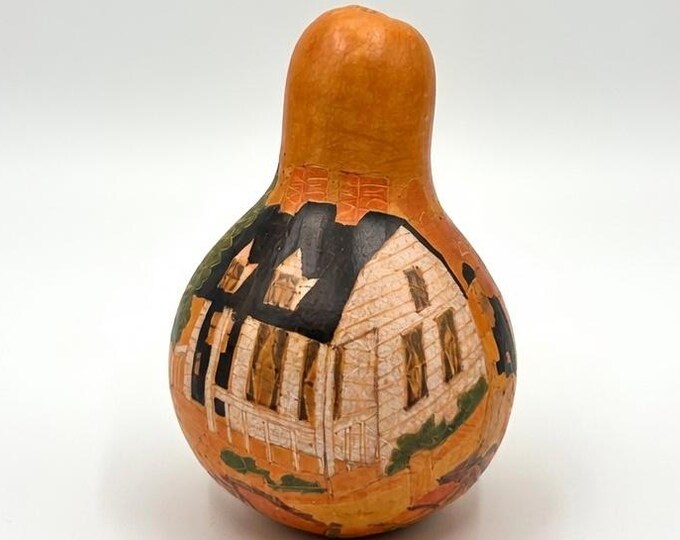 Hand Carved Gourd Rattle: Peruvian Folk Art Farmhouse Scene