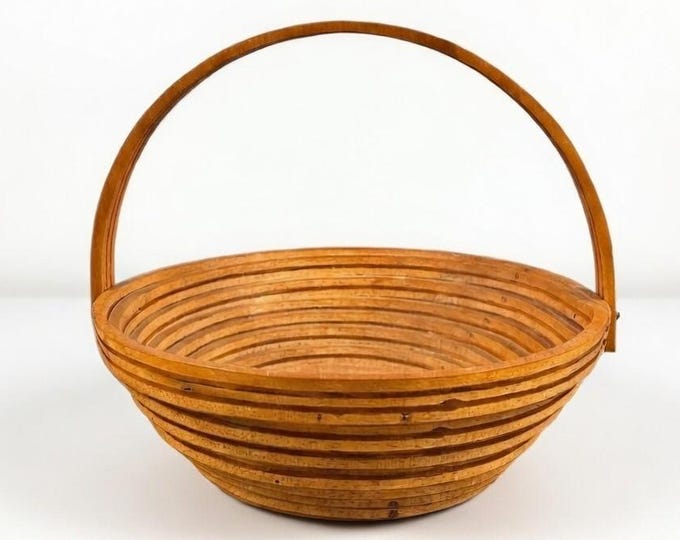 Handmade Wooden Spiral Basket Trivet | Arts & Crafts Style | Signed Artist 1985 | Folding Handle