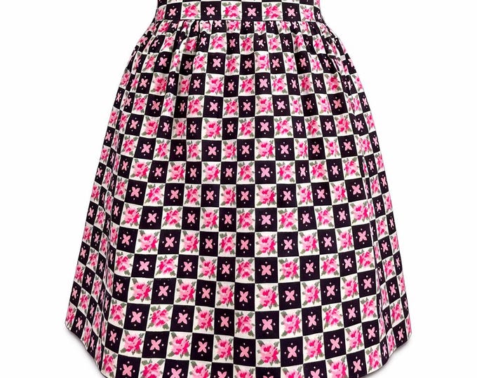Vintage Cotton Half-apron with Red, Pink, Greens, Black in a Floral Block Design