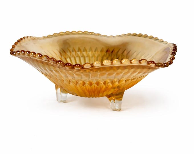 Marigold Carnival Glass Candy Bowl: Ribbed, Scalloped Edge, 6.25"