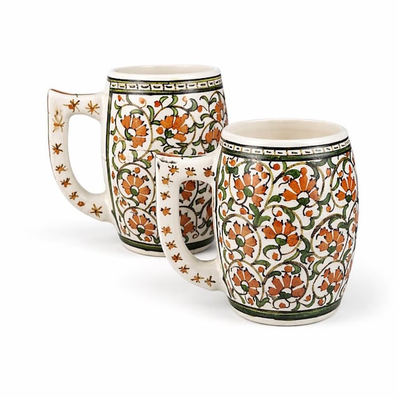 Vintage Hand-Painted Ceramic Coffee Mugs, Turkish Folk Art Set Pottery