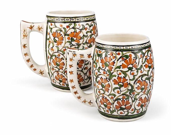 Vintage Hand-Painted Ceramic Coffee Mugs, Turkish Folk Art Set Pottery