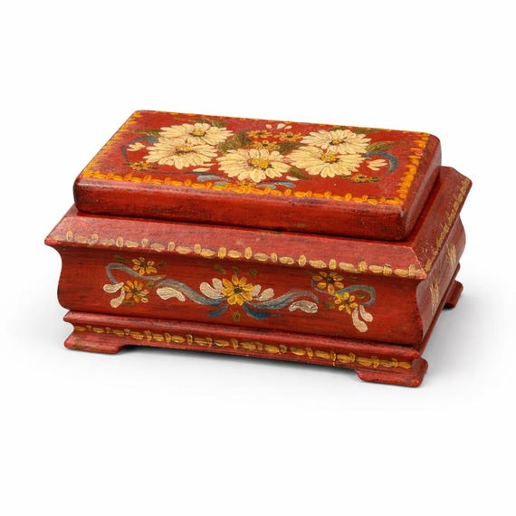 Vintage Hand-Painted Red Floral Wooden Trinket Box, Footed Cottage Keepsake Storage