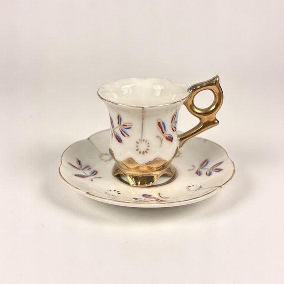 Vintage 1950s Japanese Porcelain Demitasse Set, Gold Floral Accents