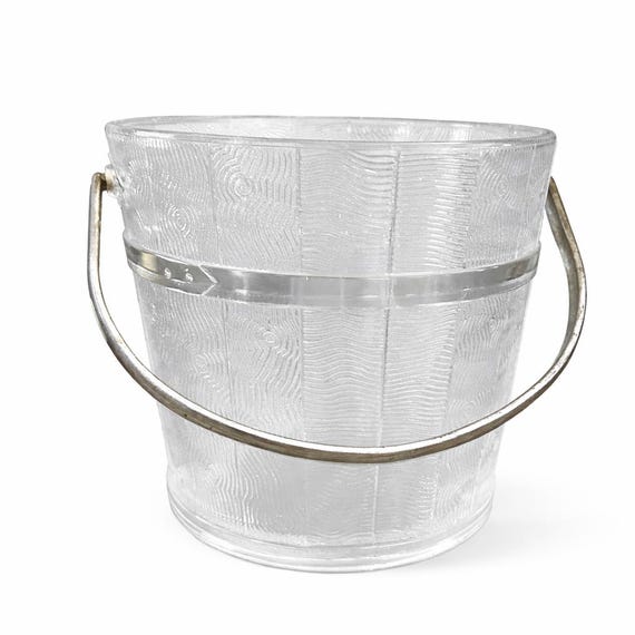 Vintage Frosted Glass Ice Bucket with Silver Handle: Wood Pail Design