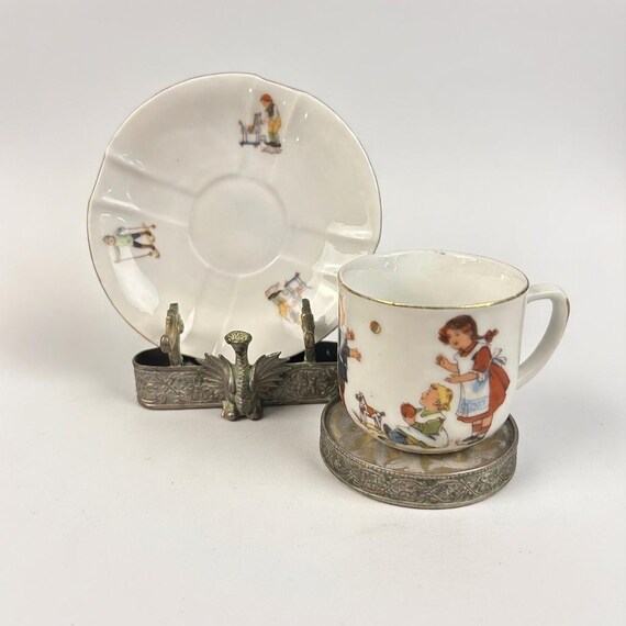 Antique Children's Cup and Saucer Set Made in Germany Children Playing
