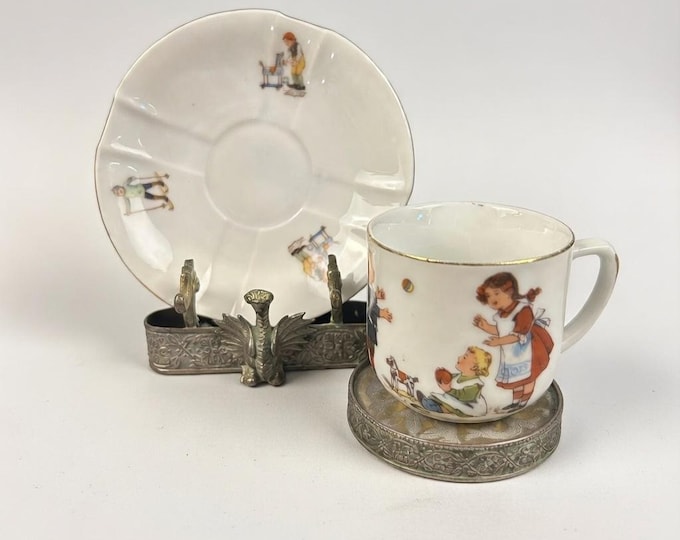 Antique Children's Cup and Saucer Set Made in Germany Children Playing