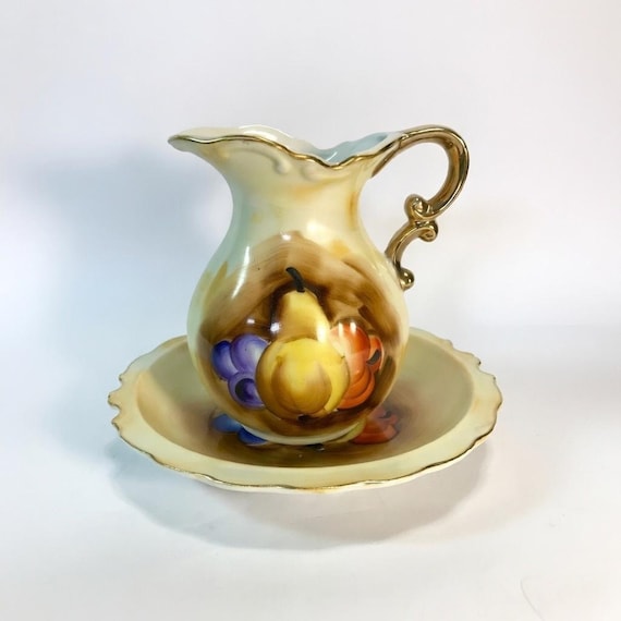 Vintage Artmark Pitcher and Bowl Set Fruit Gold Accent