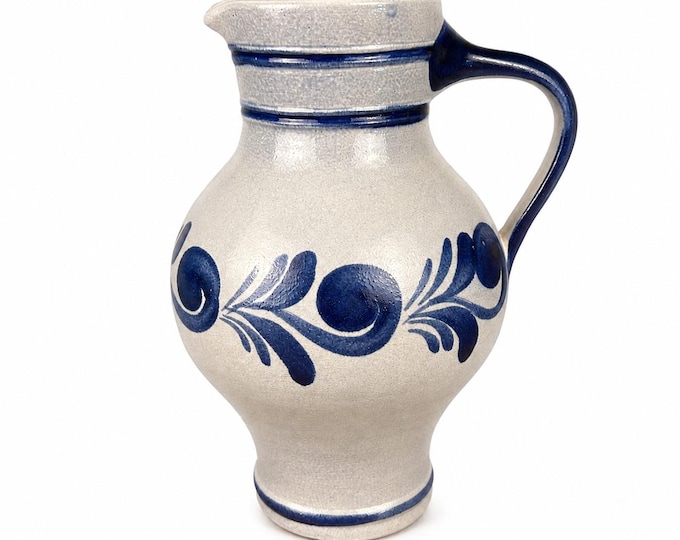 Vintage German Westerwald Stoneware Jug Cobalt Blue Floral Salt Glaze Handmade Pottery 10 Inch