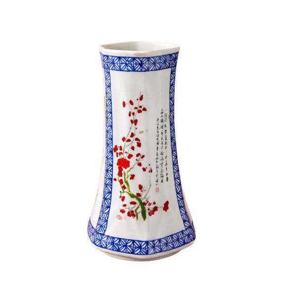 Decorative Japanese Vase - Floral Design & Writing - 4x7 IN