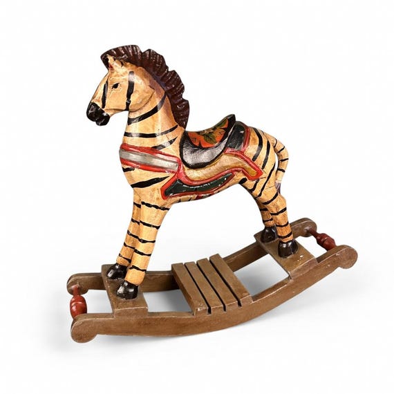 Vintage Hand-Carved Wooden Rocking Zebra Toy | Folk Art Nursery Decor