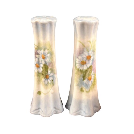 Salt and Pepper Set with Hand Painted Daisies - Marked E.H. Tall Vintage