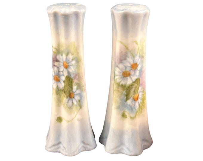 Salt and Pepper Set with Hand Painted Daisies - Marked E.H. Tall Vintage