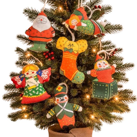 Vintage Hand-Sewn Christmas Ornaments – Printed Fabric Santa, Angel Set