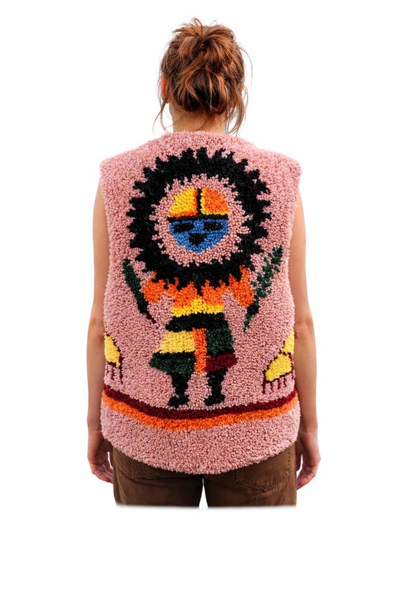 Vintage 70s Hand-Hooked Yarn Vest | Kachina Owl Folk Art