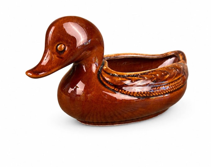 Vintage Hull Pottery Duck Planter F69 – Mid Century Glossy Brown Ceramic Vase
