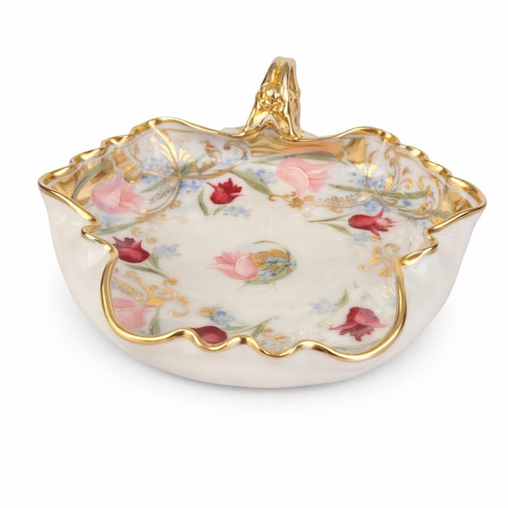 Vintage Hand-Painted Floral Trinket Dish with Gold Trim and Handle