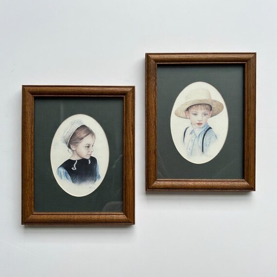 Vintage Alice Faye McEachern Amish Children Art Prints - Framed Set of 2