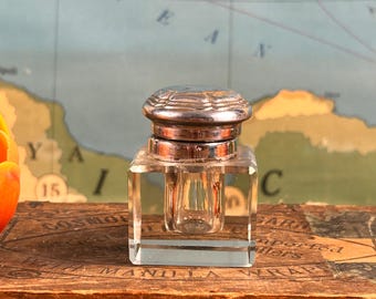 Vintage Beveled Glass Inkwell with Silver Plated Domed Adorned Hinged Lid