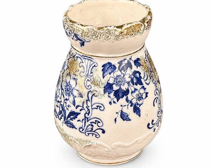 Antique F Winkle & Co Toothbrush Vase Blue White Transferware Gold Gilt Staffordshire England 1890s