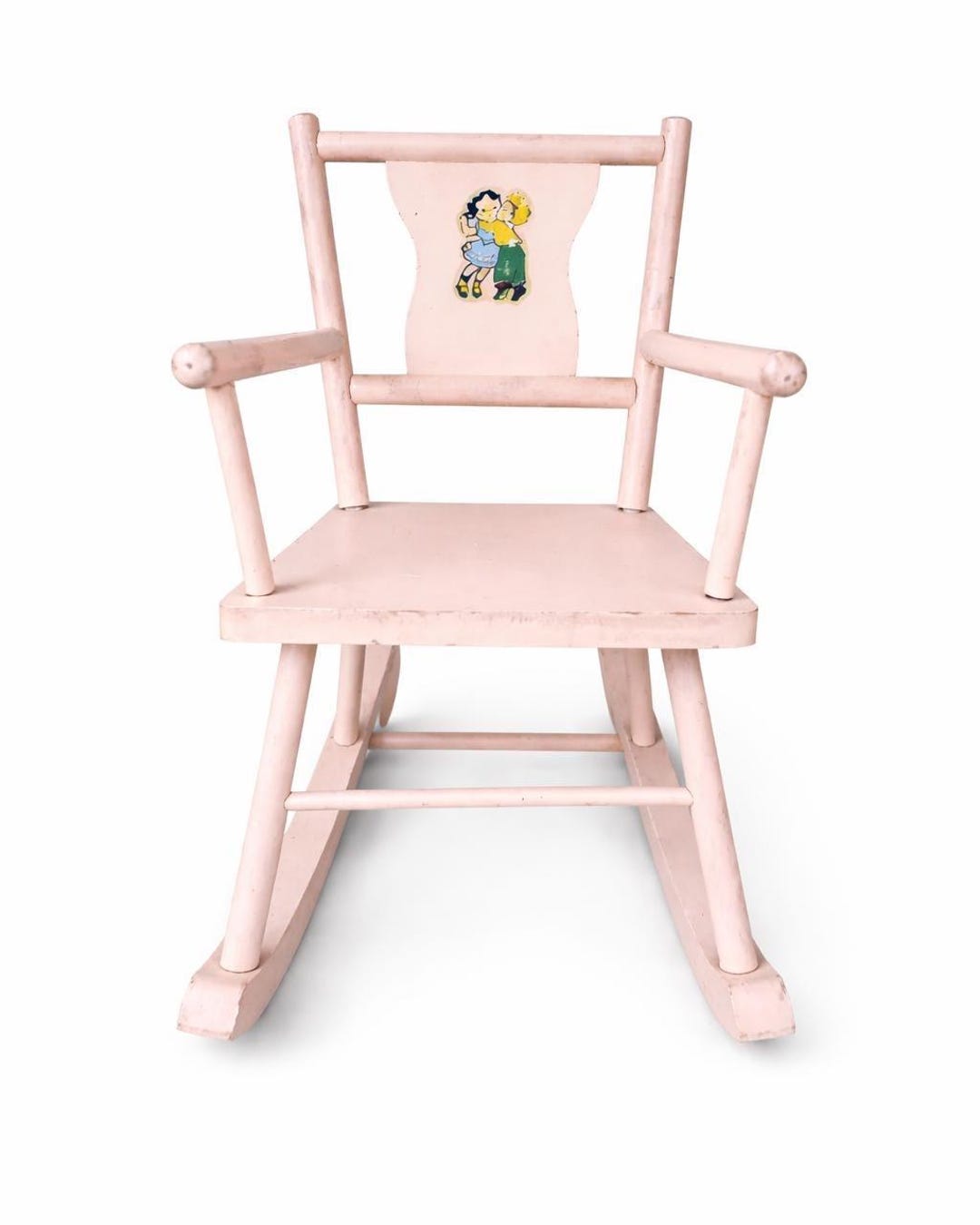 Vintage Pink Painted Wooden Doll Rocking Chair 16" Tall W/girl and Boy ...