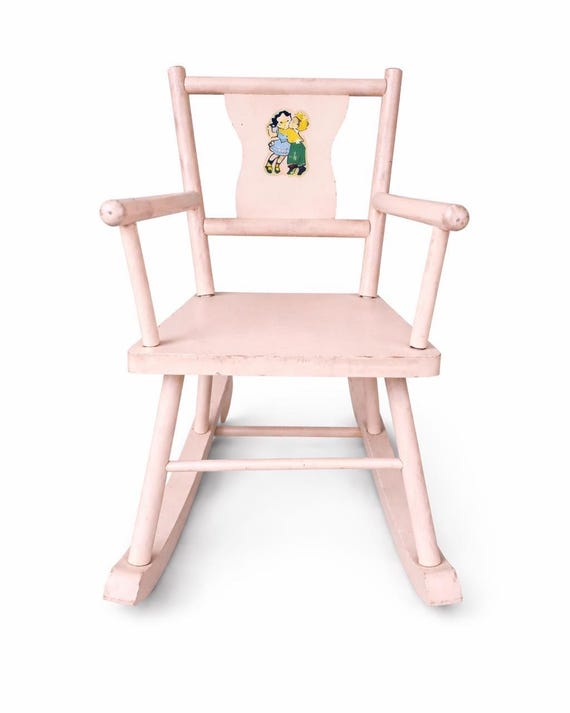 Vintage Pink Painted Wooden Doll Rocking Chair 16" Tall w/Girl and Boy Graphic