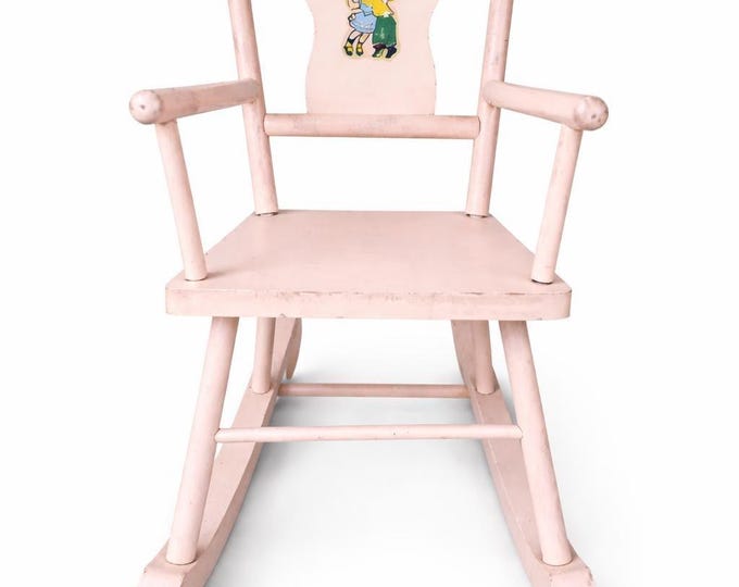 Vintage Pink Painted Wooden Doll Rocking Chair 16" Tall w/Girl and Boy Graphic