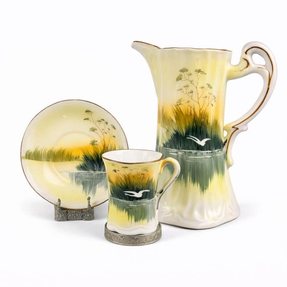 Antique Porcelain Chocolate Pot Pitcher Cup & Saucer Set Flying Cranes T T Takito Japan