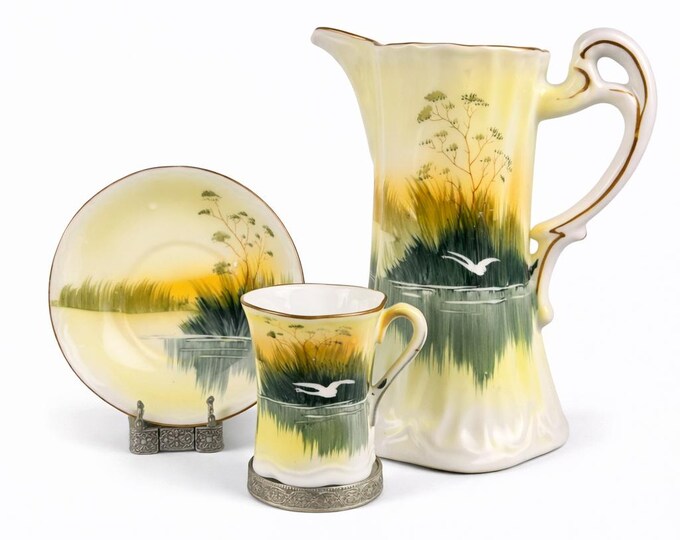 Antique Porcelain Chocolate Pot Pitcher Cup & Saucer Set Flying Cranes T T Takito Japan