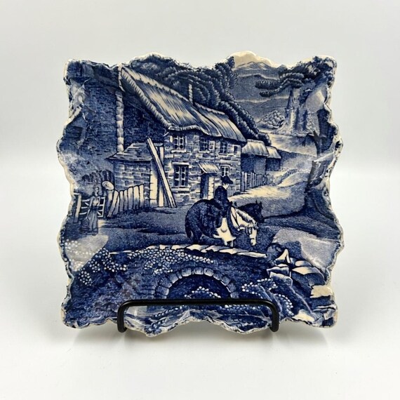 Vintage James Kent Old Foley Blue White Transferware Dish – Scalloped Edge Village Scene Plate