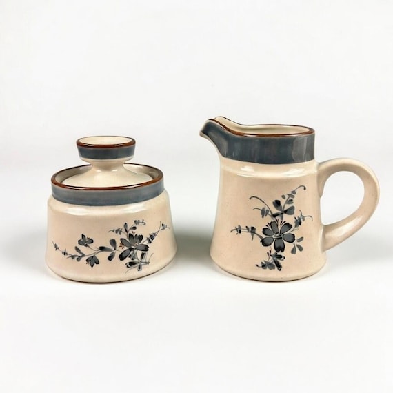 Vintage Noritake Stoneware Sugar and Creamer Set, Blue Floral Pleasure 8344