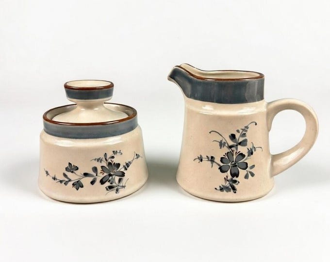 Vintage Noritake Stoneware Sugar and Creamer Set, Blue Floral Pleasure 8344