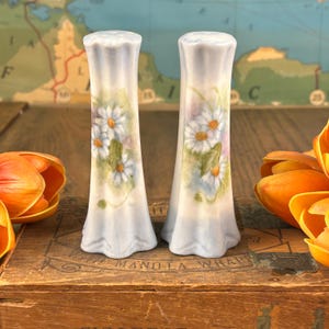 Tall Vintage Salt and Pepper Set with Hand Painted Daisies - Marked E.H.