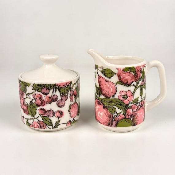 Vintage 60s Plum Sugar Bowl and Creamer Set, Enesco Japan / Plums and Pears