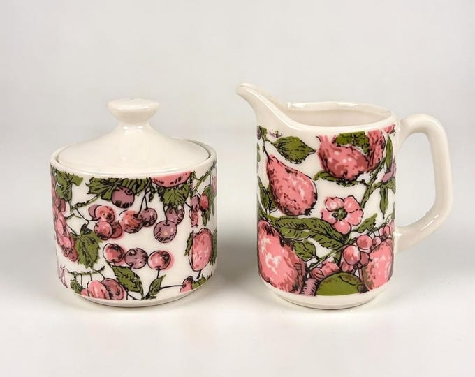 Vintage 60s Plum Sugar Bowl and Creamer Set, Enesco Japan / Plums and Pears