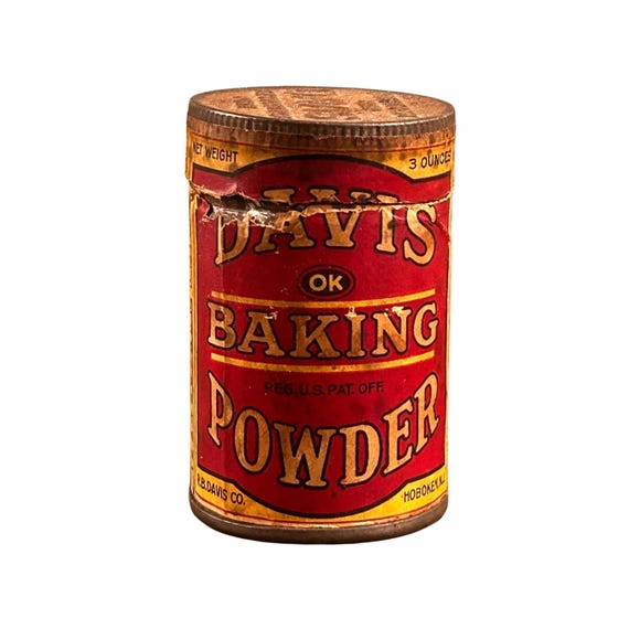 Vintage Davis Baking Powder Advertising Tin Can Container Paper Label Embossed Lid