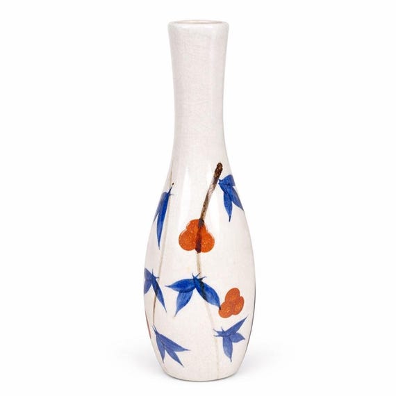 Vintage Arita Porcelain Vase: Kakiemon Style Blue White Orange Floral Hand Painted Japan