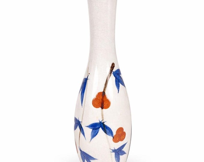 Vintage Arita Porcelain Vase: Kakiemon Style Blue White Orange Floral Hand Painted Japan
