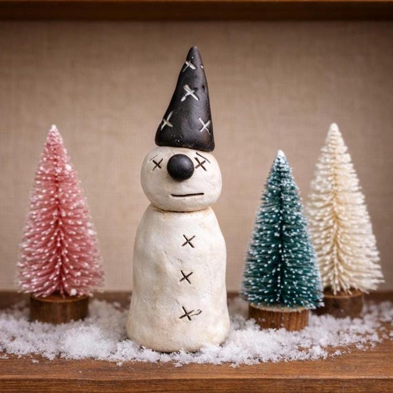 Handcrafted Polymer Clay Snowman Figurine: 'Howard' Whimsical Folk Art Winter Decor
