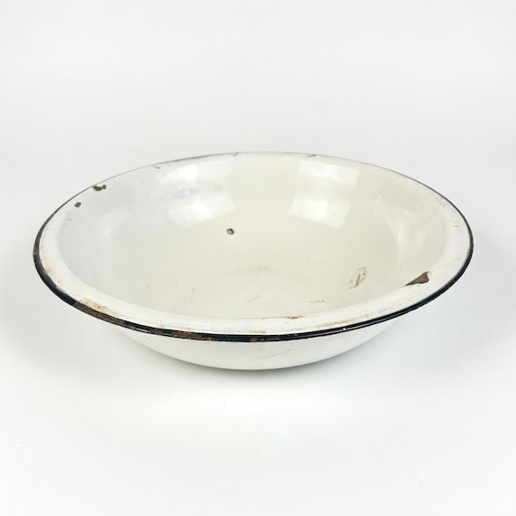 Vintage Enamelware Basin Bowl | White Graniteware Blue Rim Farmhouse Kitchen Decor