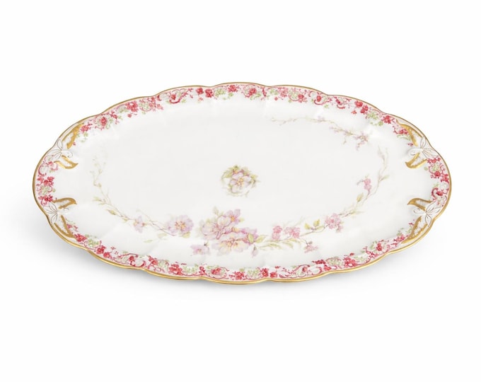 Antique Haviland Limoges Oval Serving Platter, Pink Floral Schleiger Pattern, Gold Trim