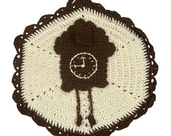 Vintage 60s German Cuckoo Clock Hotpad | Kitschy Crochet Pot Holder Wall Decor