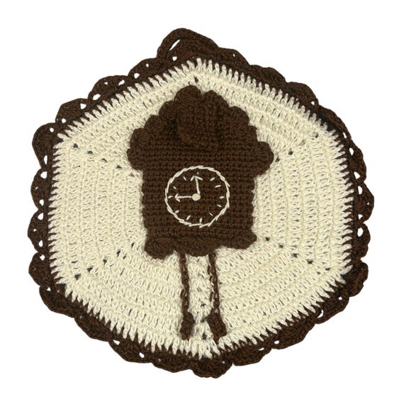 Vintage 60s German Cuckoo Clock Hotpad | Kitschy Crochet Pot Holder Wall Decor