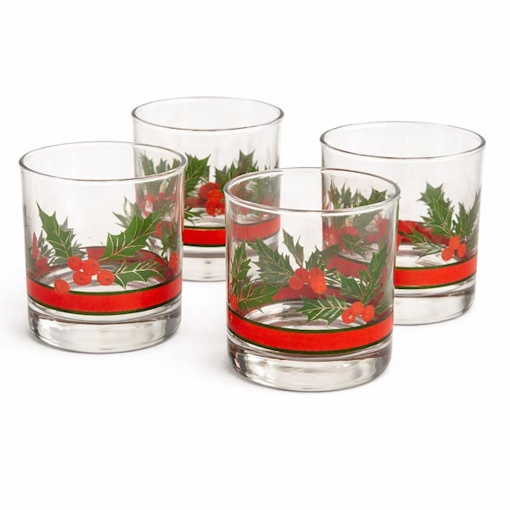 Vintage Libbey Holly & Berries Double Old Fashioned Rocks Glasses Christmas Set of 4