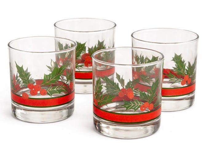 Vintage Libbey Holly & Berries Double Old Fashioned Rocks Glasses Christmas Set of 4