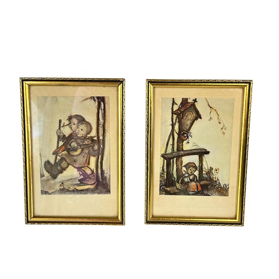 HUMMEL Framed Art Prints 1960s Lot of 2 5x7 each Birdhouse Girl Boy Singing