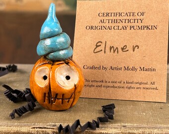 Hand-Crafted Polymer Clay Pumpkin 'ELMER' - Fall Halloween Decor Fall w/Certificate of Authenticity